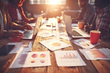 Group of people are working on a project at a table with many papers and laptops. Scene is focused and collaborative