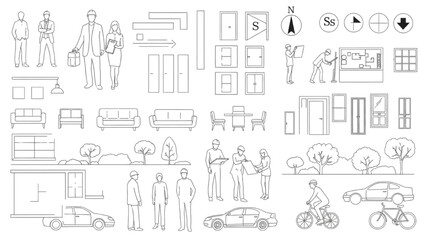 CAD People Outline Set Top View | Sitting, Walking, Running Human Figures Vector on Grey Background