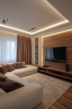 Modern living room interior design with ceiling lights, white sofa and TV wall unit