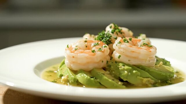 Delicious seafood dish with shrimp, avocado, herbs, and flavorful sauce presentation