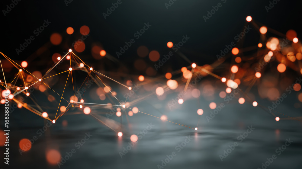 Poster abstract digital network with glowing orange connections and blurred background creates sense of dep