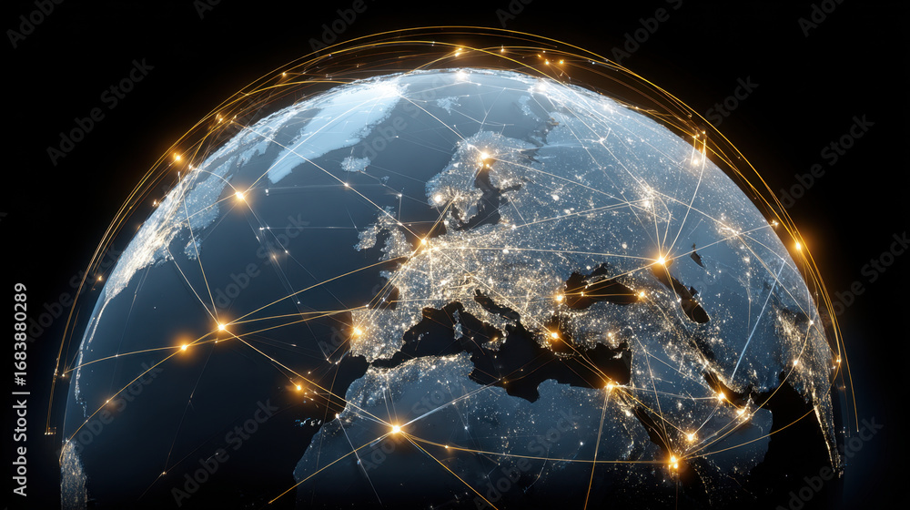 Poster digital representation of earth showcasing interconnected networks with glowing lines symbolizing gl
