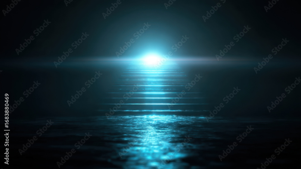 Poster mysterious staircase illuminated by bright light at top creates ethereal atmosphere. scene evokes fe