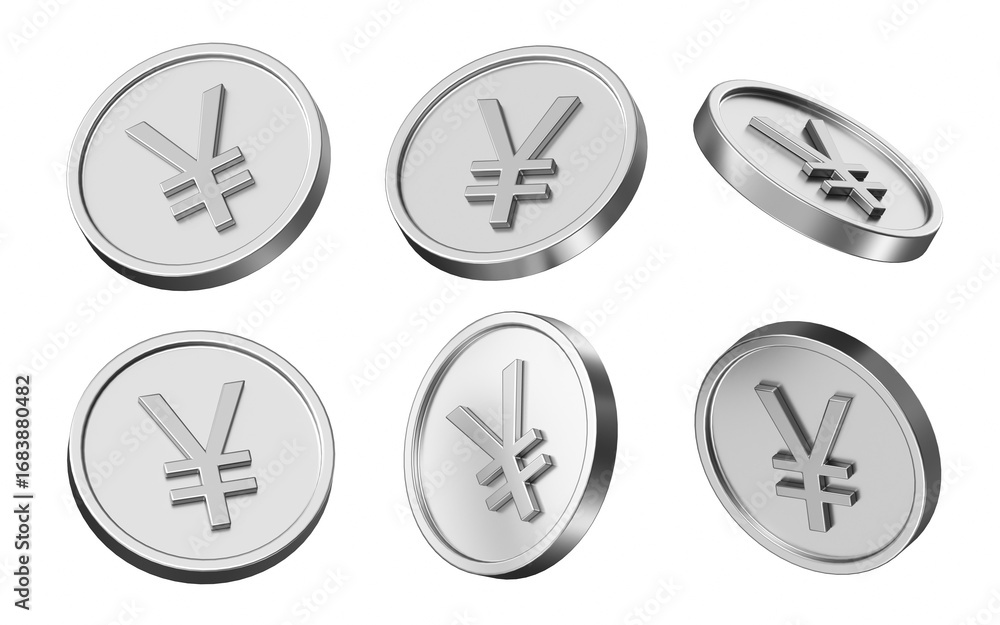 Poster yuan currency 3d illustration. set of coins in different view. 3d rendering of metallic coins for bu