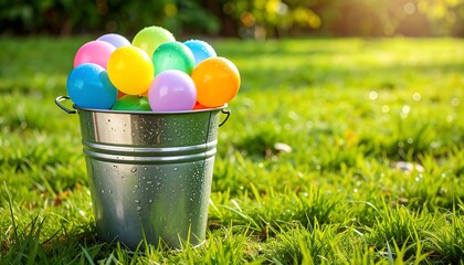 Colorful balls in a metal bucket in a grassy field