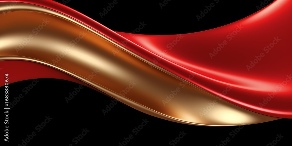 Poster red and gold ribbon with a wave pattern is displayed. the ribbon is made of a shiny material and has