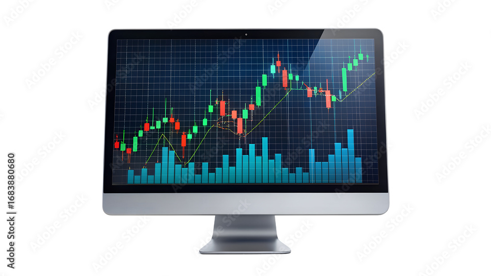 Poster modern computer monitor displaying a stock market chart isolated on transparent background, showcasi