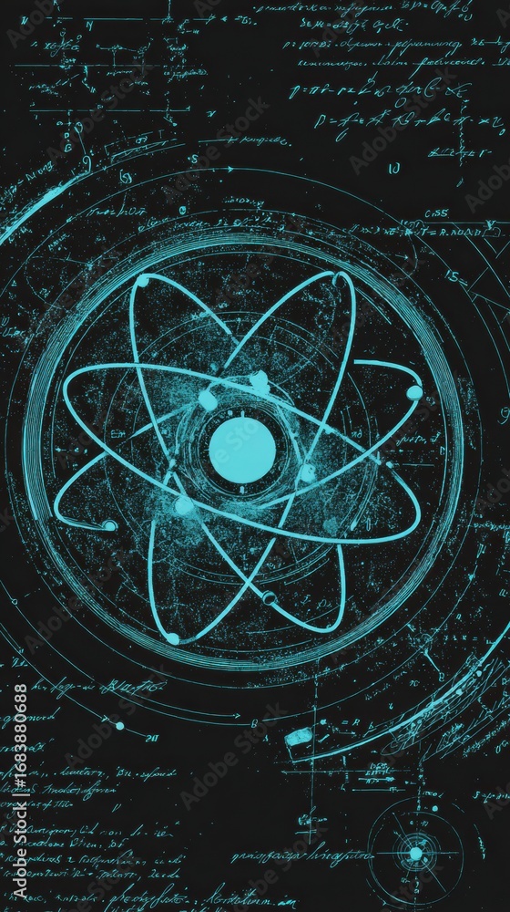 Poster a visual display showcases an atomic model surrounded by handwritten scientific equations, creating 