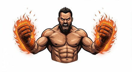 Muscular boxer with flaming fists illustration
