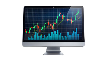 Modern computer monitor displaying a stock market chart isolated on transparent background, showcasing financial data and investment trends in a digital format