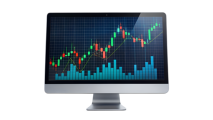 Modern computer monitor displaying a stock market chart isolated on transparent background, showcasing financial data and investment trends in a digital format