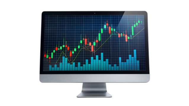 Modern computer monitor displaying a stock market chart isolated on transparent background, showcasing financial data and investment trends in a digital format