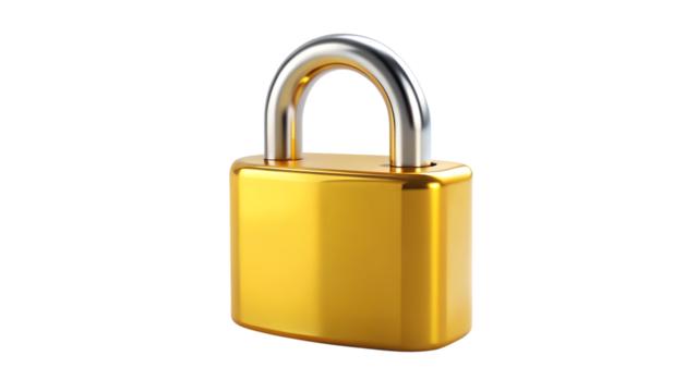 Golden padlock isolated on transparent background, representing security, privacy, and protection of digital and physical assets with a metallic sheen
