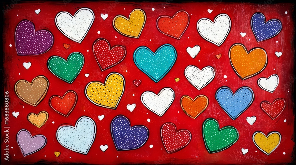 Poster red background with many different colored hearts scattered throughout. the hearts are of various si