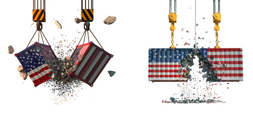 Two cranes lifting and dropping heavy containers with the american flag, symbolizing destruction and collapse, isolated on transparent background