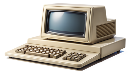 Vintage computer isolated on transparent background is an early model of personal computer with a monitor and keyboard for data processing