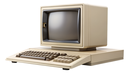 An old vintage computer isolated on transparent background, showcasing retro technology and classic design, reminiscent of early computing era