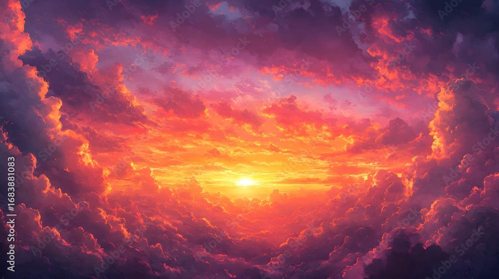 Aufkleber a vibrant sunset view from above, showcasing a dramatic array of fiery oranges and purples through a