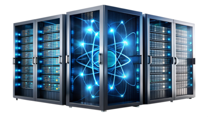A modern server data center with glowing atom, representing advanced technology, data storage, and network infrastructure isolated on transparent background