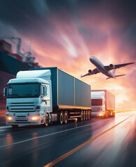 Container trucks speeding on highway with airplane overhead at dramatic sunset. Perfect for multimodal logistics, global supply chain marketing, and integrated transportation service promotions.