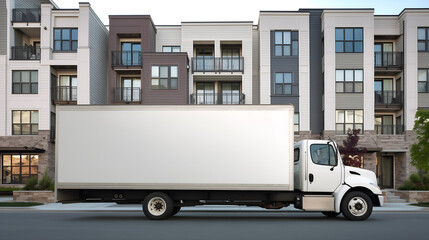 White Box Truck with Blank Side Parked in Front of a Modern Apartment Building. Moving and delivery concept for courier services, relocation companies, or real estate marketing.