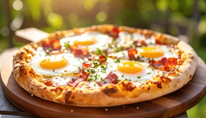 Pizza with eggs and bacon on a wooden board outdoors, symbolizing the concept of an Italian breakfast
