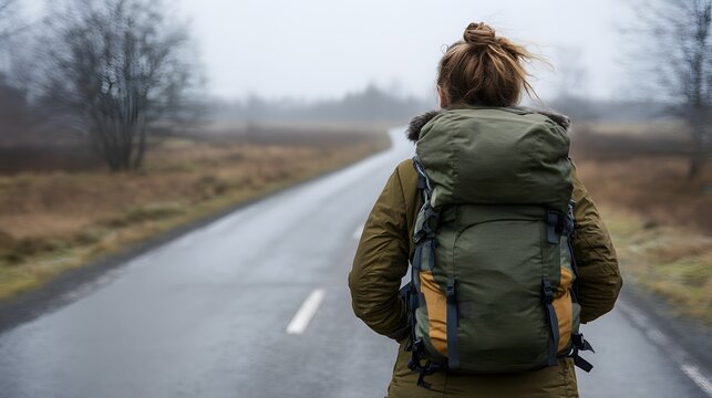Woman Backpacker Walking on Misty Road Autumn