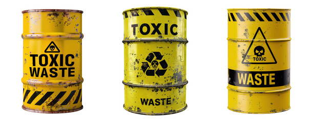 Three yellow industrial barrels labeled toxic waste with hazard symbols, isolated on transparent background
