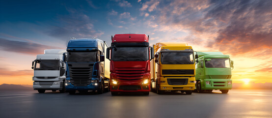     Query successful

Fleet of colorful semi trucks. A line of modern commercial trucks in different colors at sunset for a logistics, transportation, or shipping company advertisement.
