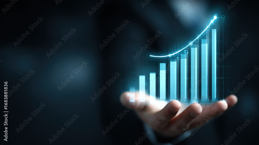 Poster hand holding digital graph representing growth and success, with bars increasing in height and line 