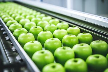 Apple processing in a factory. A row of fresh green apples on a conveyor belt for food production, agriculture, or quality control.