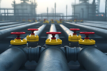 Natural gas pipeline infrastructure. A 3D illustration of a pipeline with valves for energy, oil and gas, or utility industry topics.