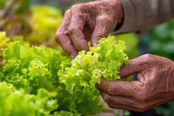 Close-up of elderly hands gently holding fresh, vibrant green lettuce in a garden