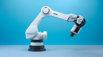 AI robotic arm on blue background. A modern, automated industrial machine for technology, automation, or manufacturing concepts.