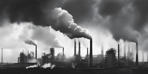 Pollution from a factory. A black and white photograph of a large industrial plant with smoke plumes for an environmental or energy-themed publication.