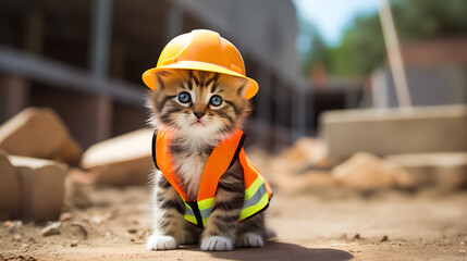 Cute kitten wearing a safety vest and hard hat on a construction site. Great for concepts of safety, new beginnings, or construction-related humor.