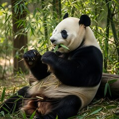 Fototapeta premium Panda Eating Bamboo in Natural Habitat.