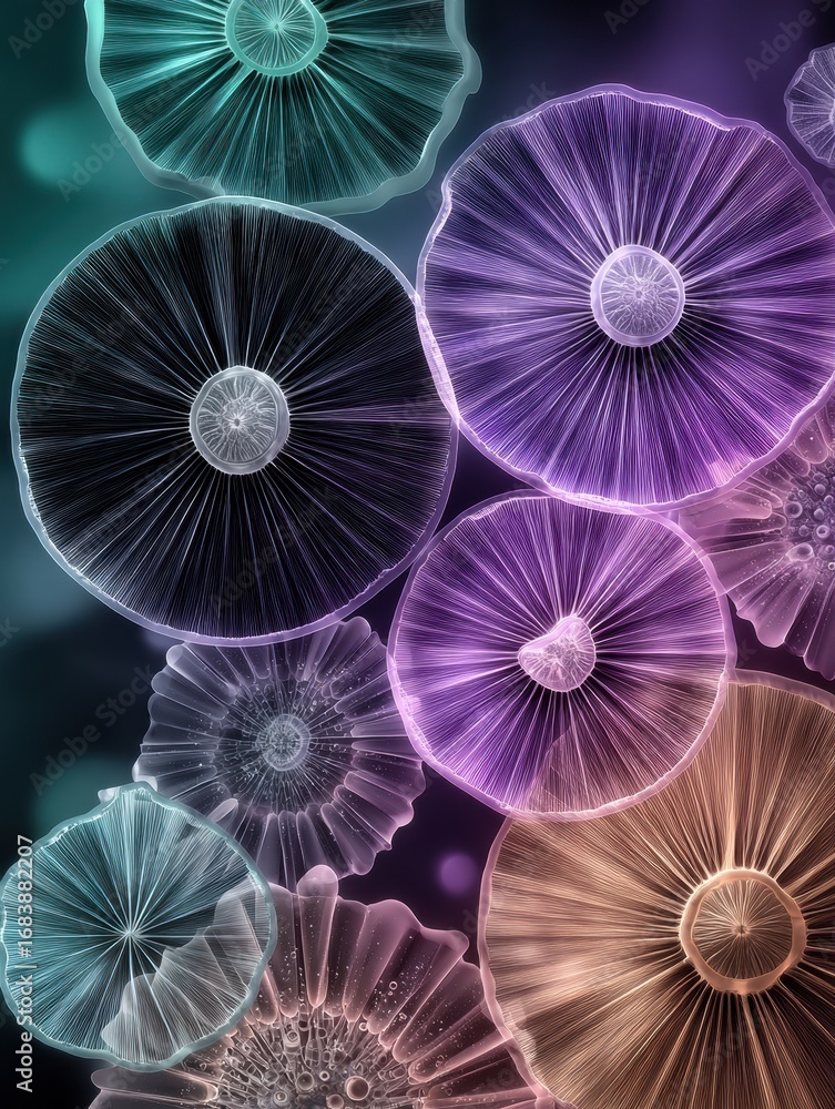 Poster colorful circular shapes with intricate details appear like microorganisms in various shades, creati
