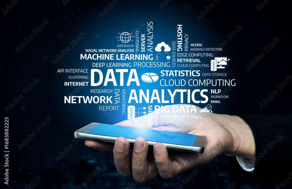 Poster a hand holding a smartphone with digital data and analytics displayed, showcasing the integration of