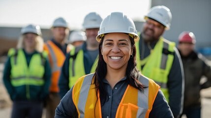 Happy female construction worker smiling with her diverse team. Perfect for concepts of teamwork, diversity, and women in skilled trades.