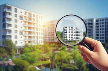 Home real estate inspection. A hand holding a magnifying glass to inspect a modern apartment building for topics like property appraisal, real estate search, or investment.