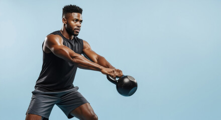 Muscular african american man exercising with a kettlebell. Fitness athlete doing a swing workout in a studio with copy space.