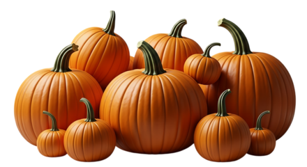 A group of orange pumpkins isolated on transparent background