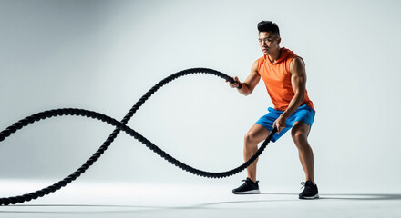A strong Asian man doing a battle rope exercise in a fitness studio. Muscular athlete during a powerful crossfit workout on a white background with copy space.