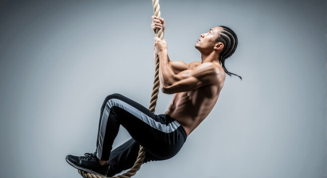A strong Asian man with a muscular physique performs a rope climbing exercise. Fitness and crossfit workout concept with copy space.