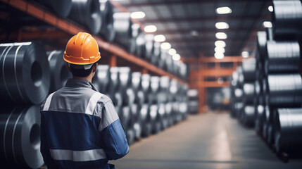 Warehouse operator with a hard hat in a metal industry warehouse. Great for concepts of manufacturing, supply chain management, and industrial logistics.