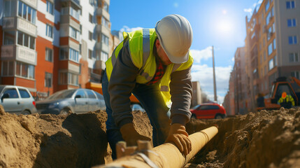 Construction worker in a trench installing a plastic pipe. Great for infrastructure, urban development, and skilled labor concepts.