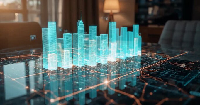 Holographic city emerging from wireframe, evolving on table at home with table lamp, armchair - Powered by Adobe
