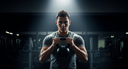 Strong man holding a kettlebell with an intense look in a dark gym. Muscular athlete during a fitness workout.