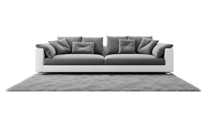Modern gray sofa with plush rug isolated on transparent background